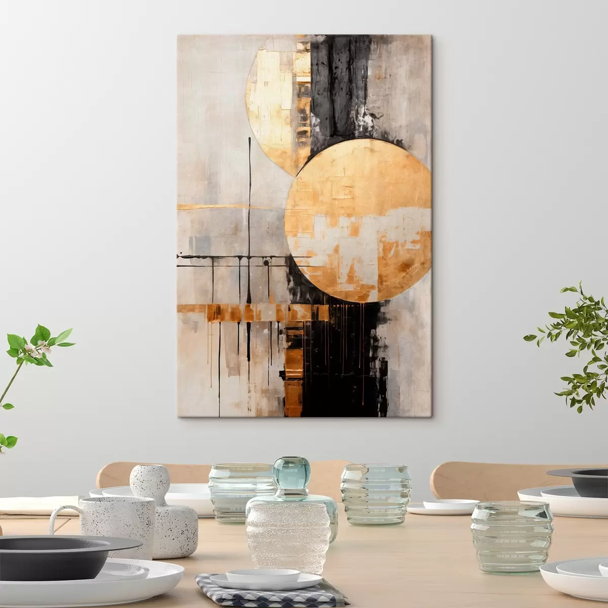 murales de pared Cuadro abstracto con círculos, líneas negras y amarillas, y un fondo con tonos grises y blancos s45185