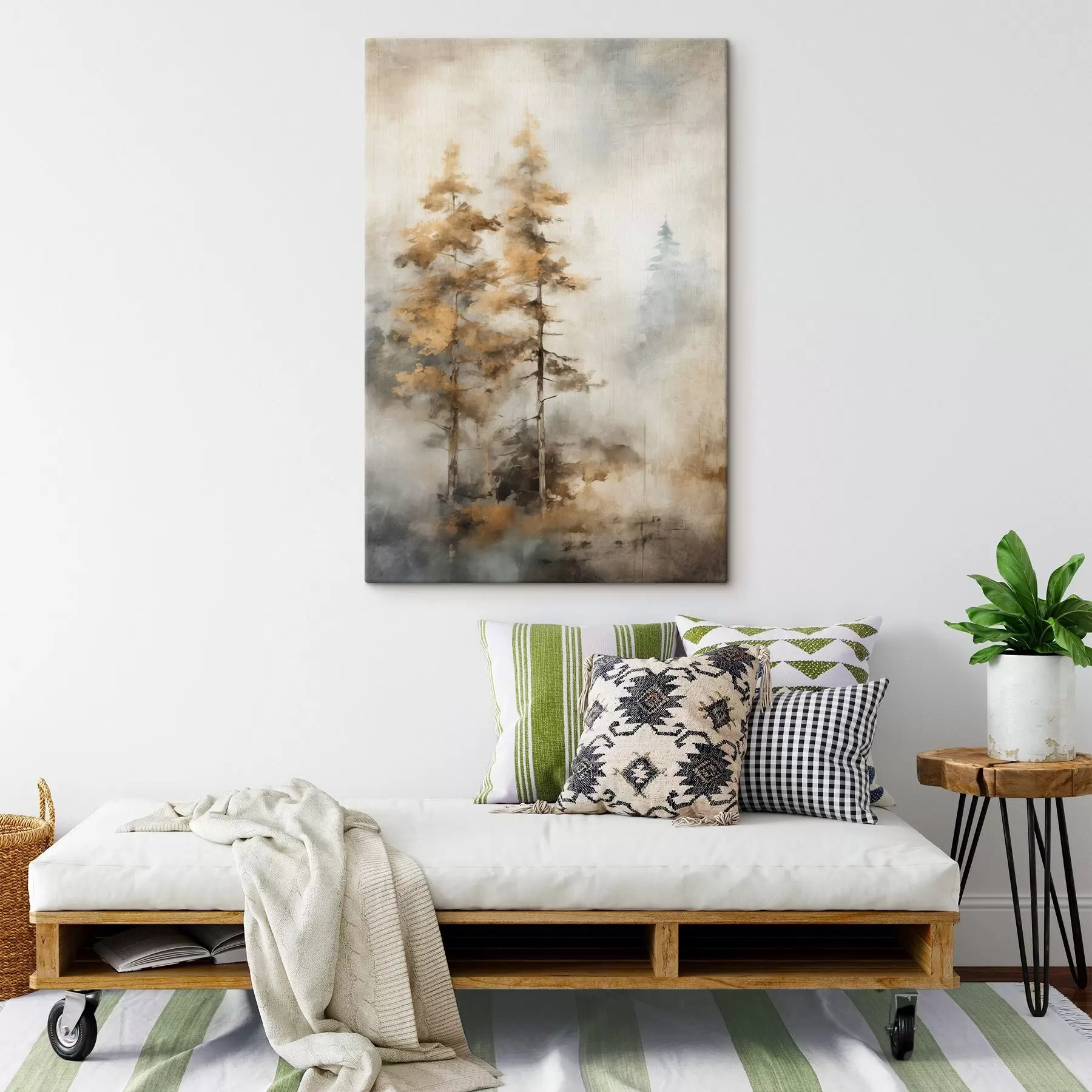 murales de pared Árboles altos con textura y hojas amarillas en un bosque , el fondo es una mezcla de suaves tonos azules y marrones s45188