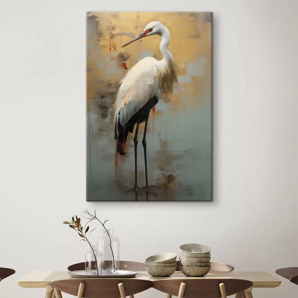 murales de pared Garza blanca sobre un fondo de tonos amarillos, marrones y azules apagados que sugieren un paisaje brumoso y abstracto s45191