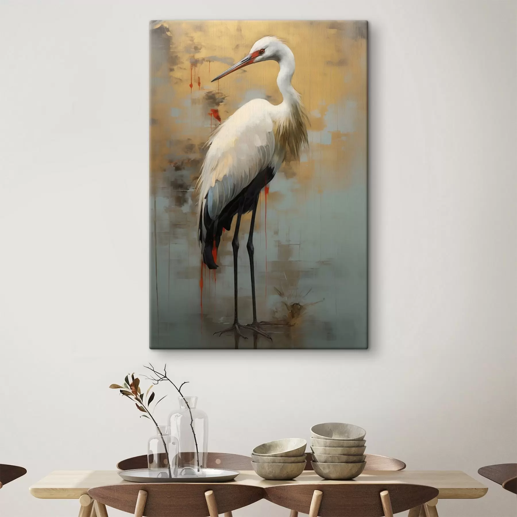 murales de pared Garza blanca sobre un fondo de tonos amarillos, marrones y azules apagados que sugieren un paisaje brumoso y abstracto s45191