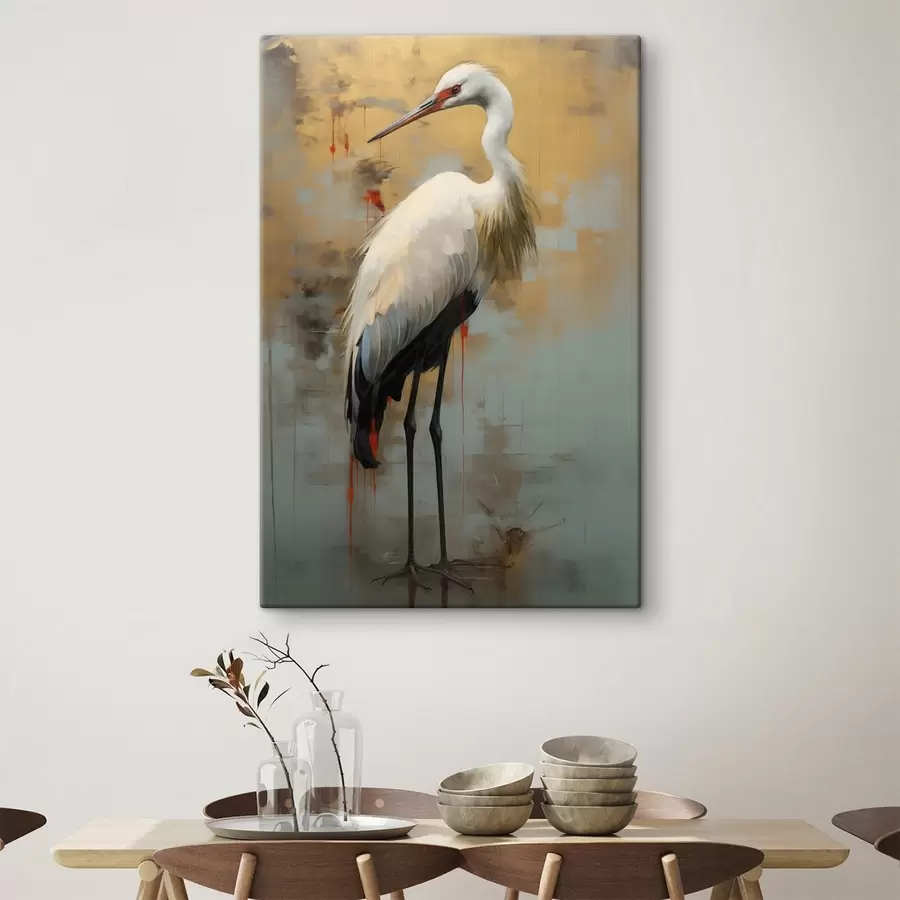 murales de pared Garza blanca sobre un fondo de tonos amarillos, marrones y azules apagados que sugieren un paisaje brumoso y abstracto s45191