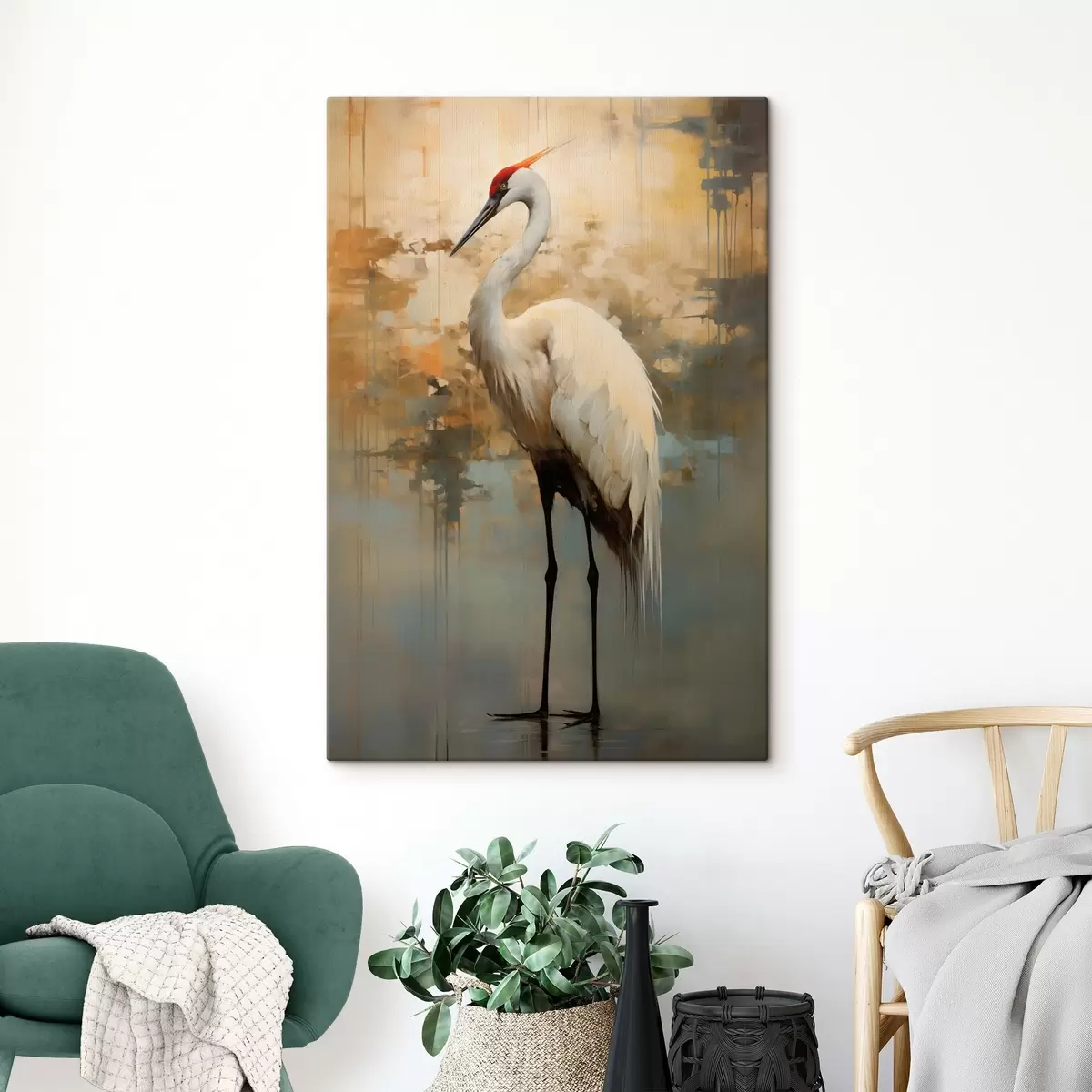 murales de pared Garza blanca sobre un fondo de tonos amarillos, marrones y azules apagados que sugieren un paisaje brumoso y abstracto s45192