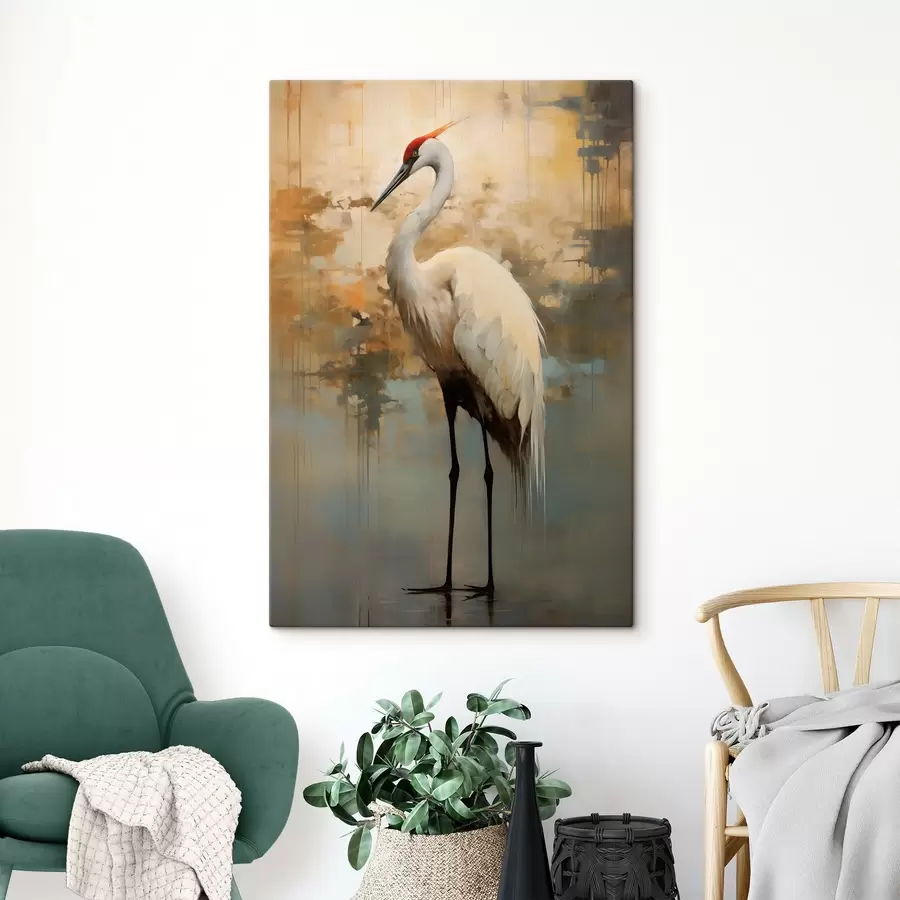 murales de pared Garza blanca sobre un fondo de tonos amarillos, marrones y azules apagados que sugieren un paisaje brumoso y abstracto s45192