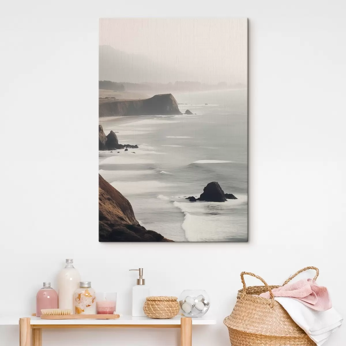 murales de pared Acantilados rocosos y litoral marino, olas rompiendo en la orilla, paisaje con una atmósfera malhumorada, tonos terrosos s45194