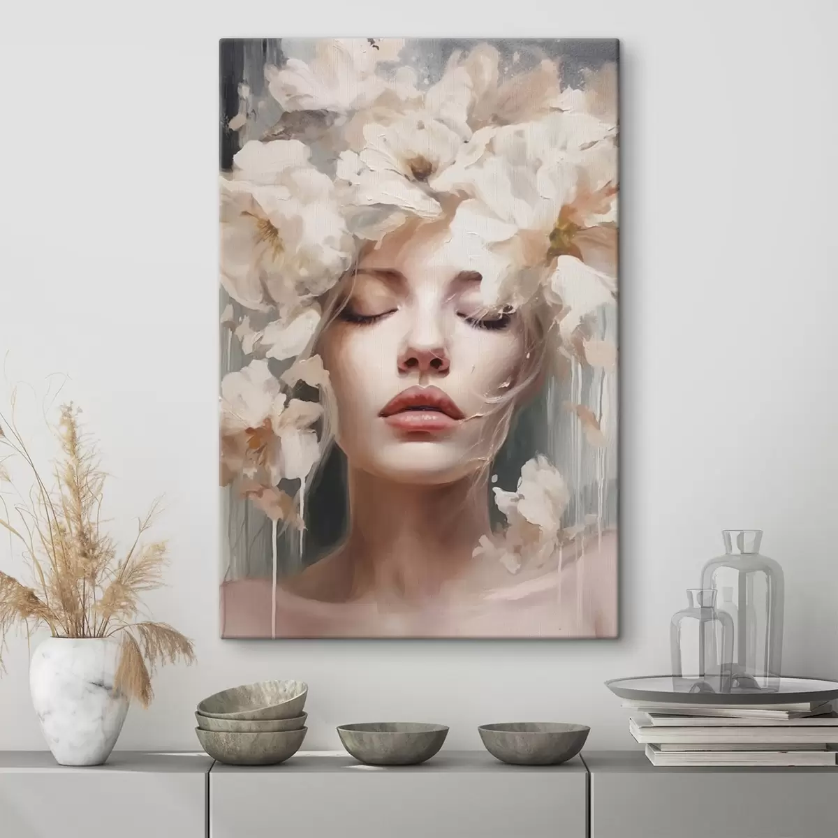 murales de pared Retrato femenino con flores blancas s45218