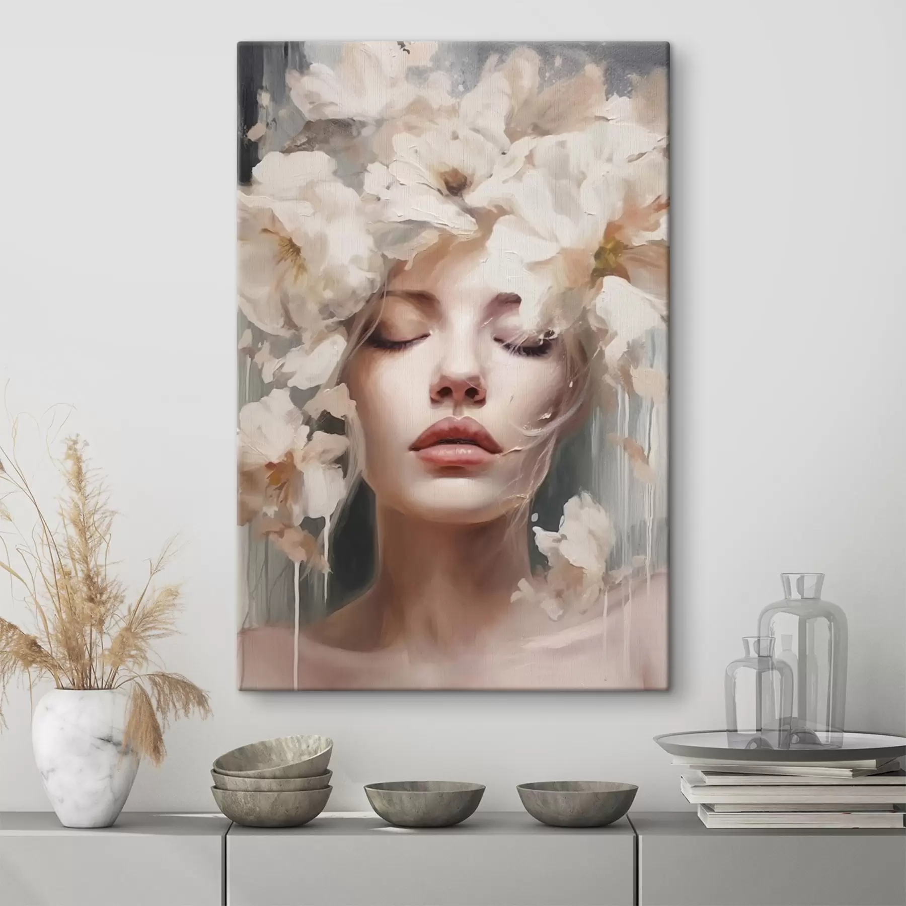 murales de pared Retrato femenino con flores blancas s45218