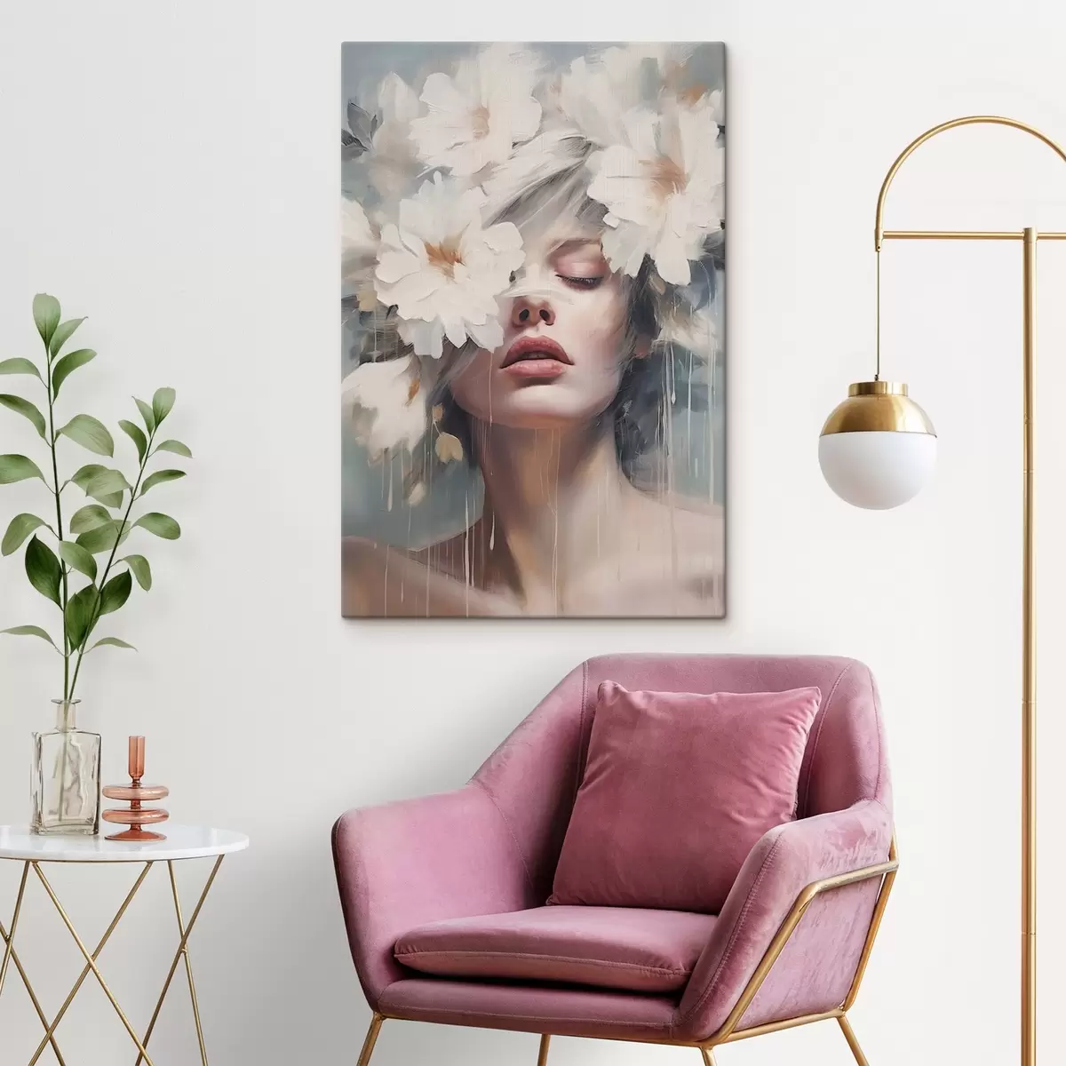 murales de pared Retrato femenino con flores blancas s45219