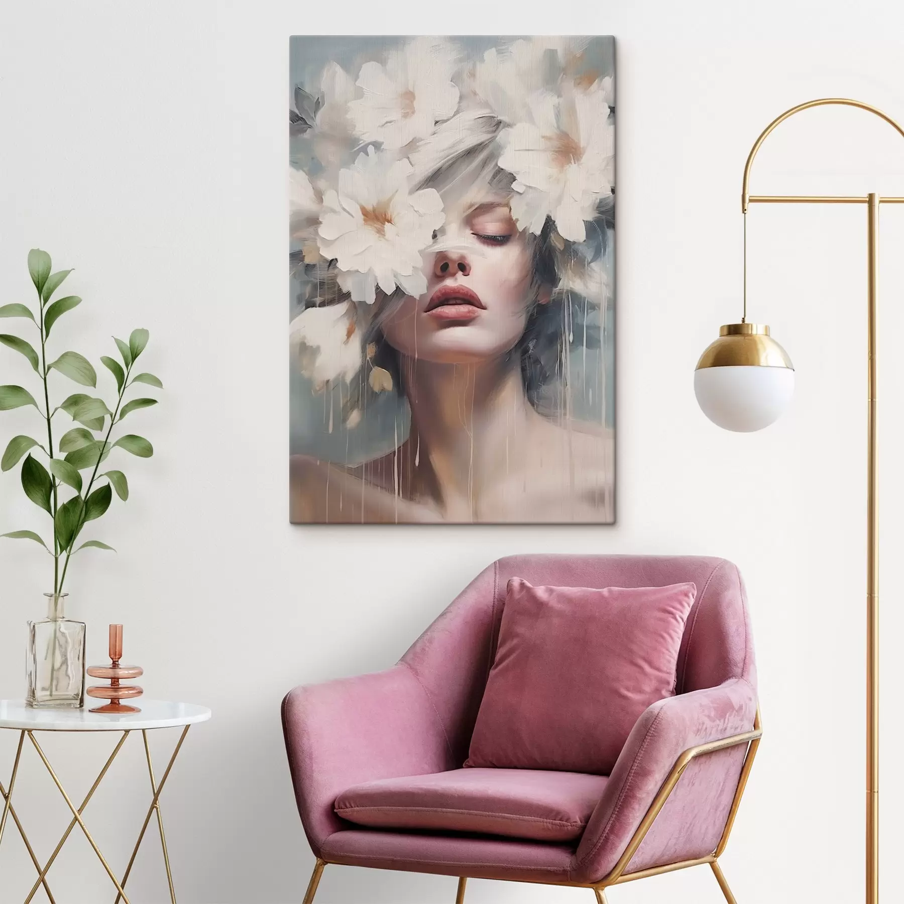 murales de pared Retrato femenino con flores blancas s45219