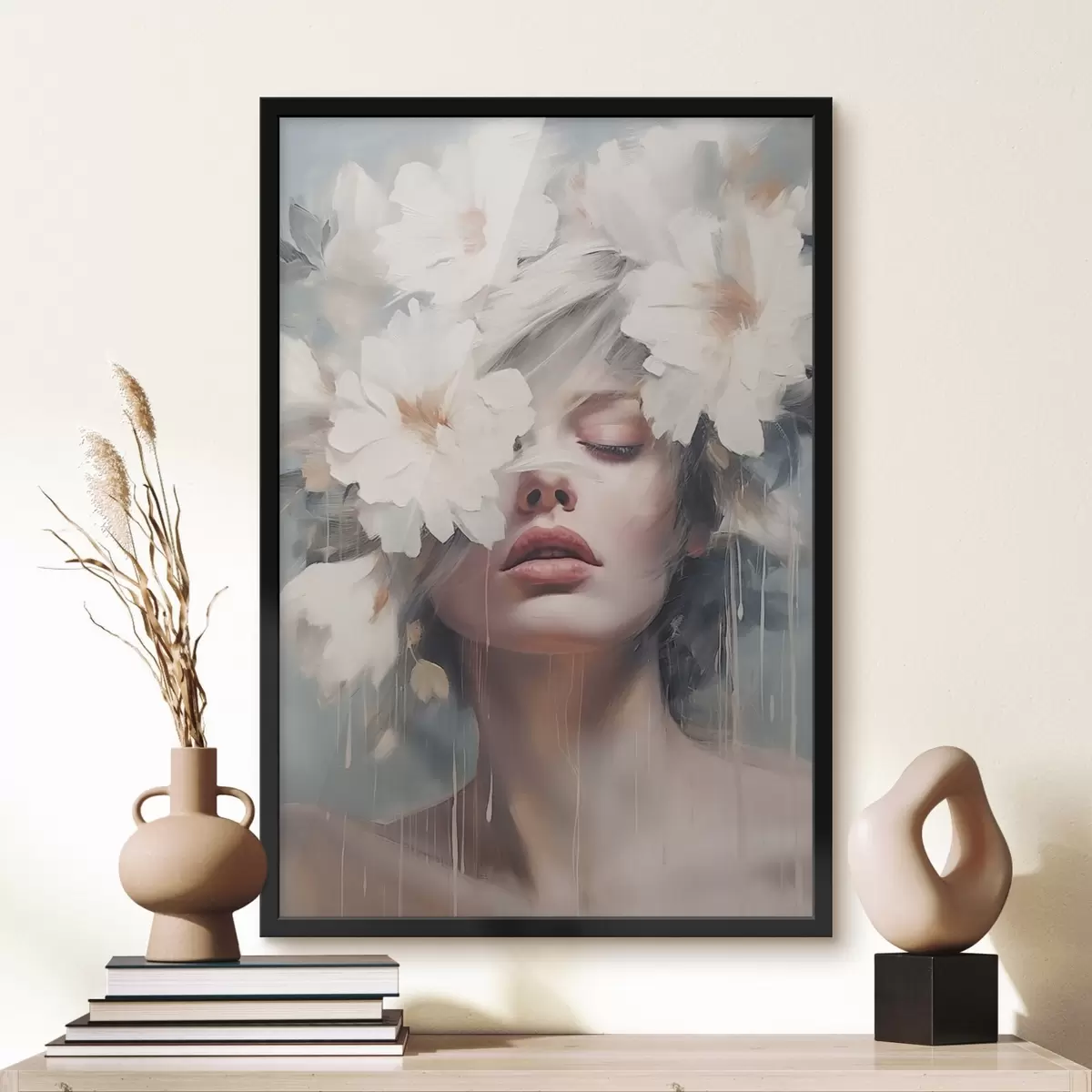 Poster Retrato femenino con flores blancas f45219