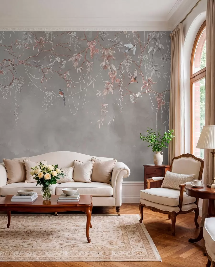 murales de pared Ramas con uvas y pájaros sobre fondo gris rosado cálido w04302
