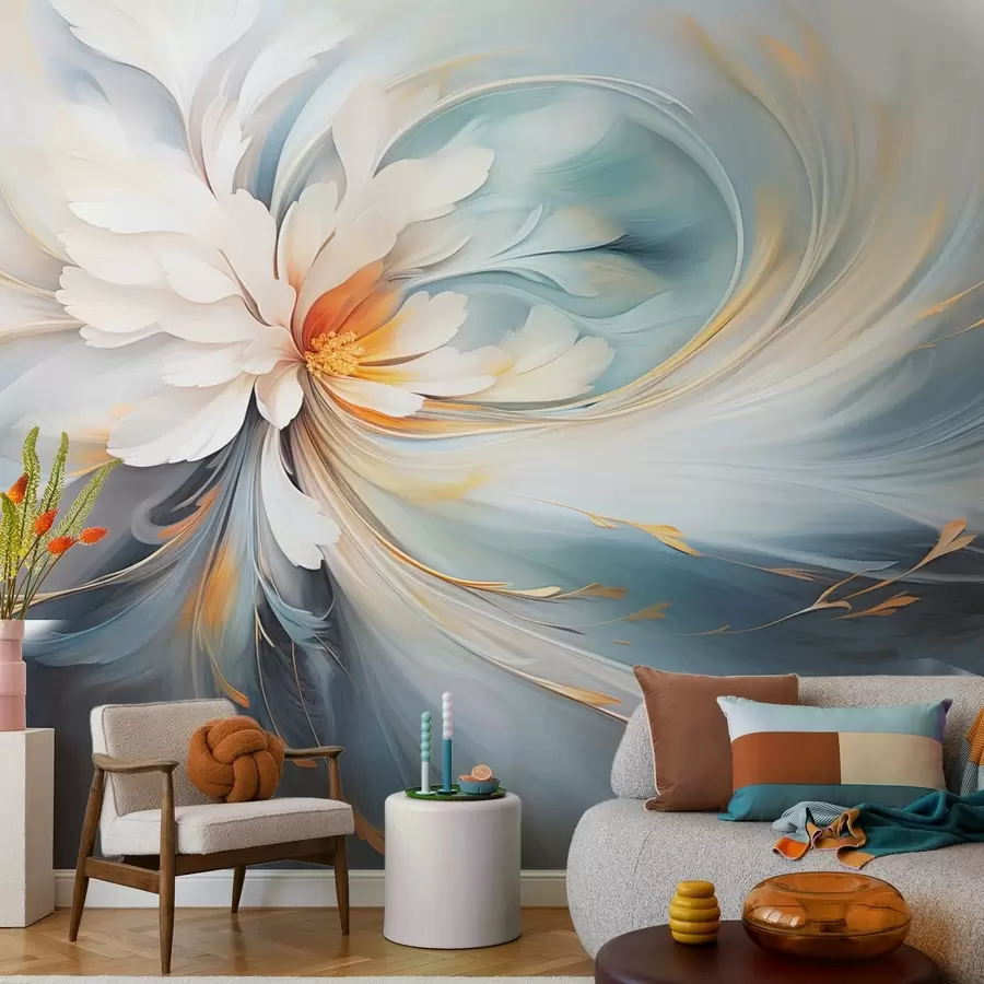murales de pared Flor abstracta en suaves tonos azules y naranjas w09270