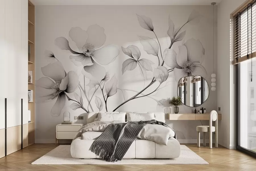 murales de pared Flores blancas y negras de líneas elegantes sobre fondo gris w09271