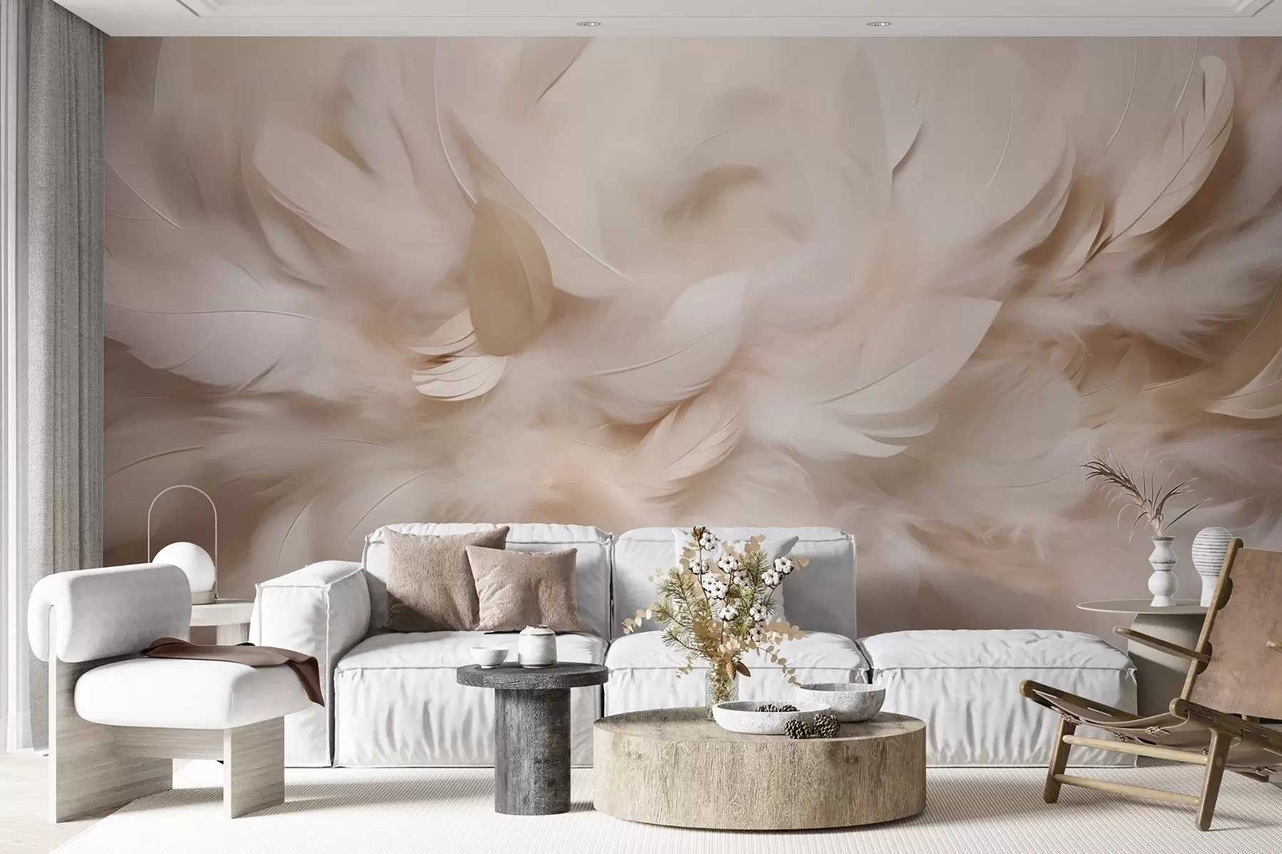 murales de pared Plumas esponjosas y plumón en tonos crema w09274