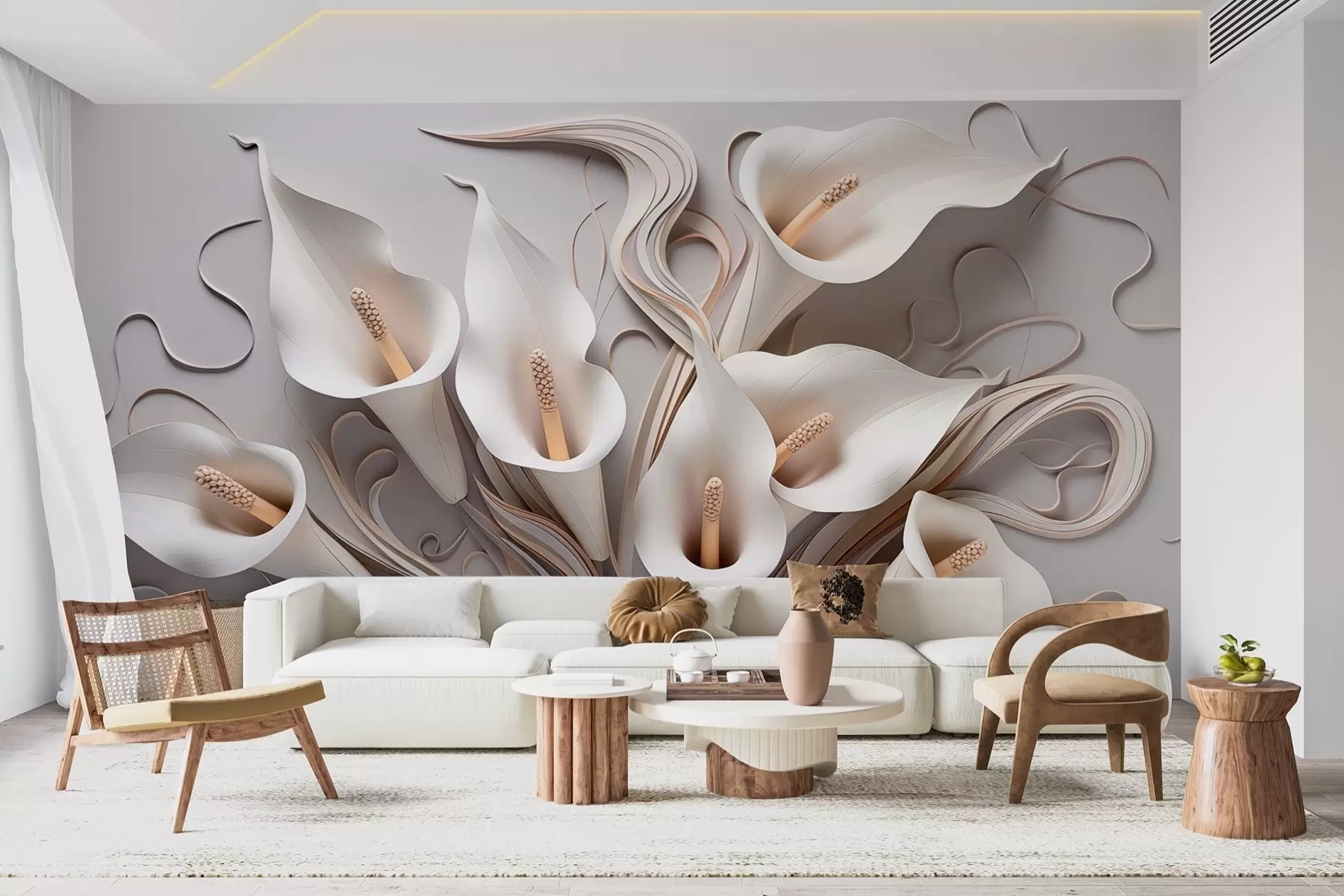 murales de pared Calas volumétricas en tonos crema con efecto 3D w09281