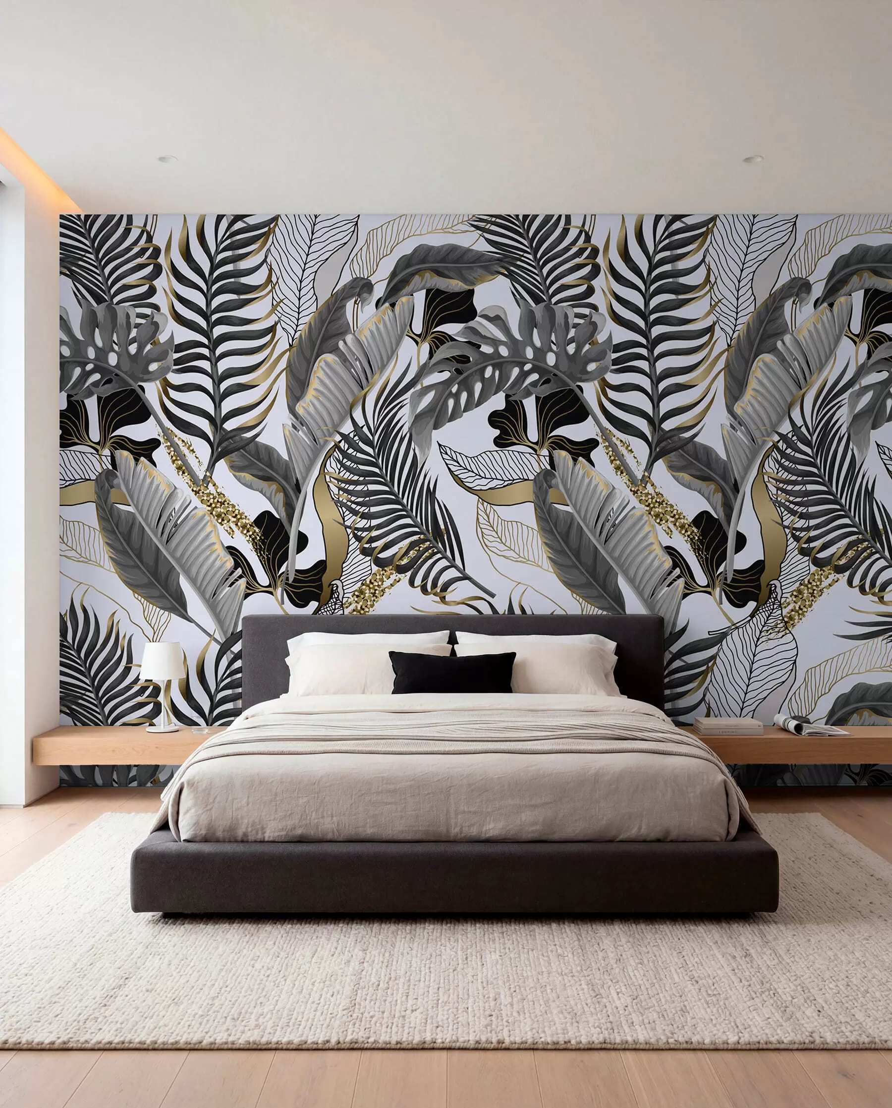 murales de pared Hojas tropicales grises sobre fondo blanco u71888