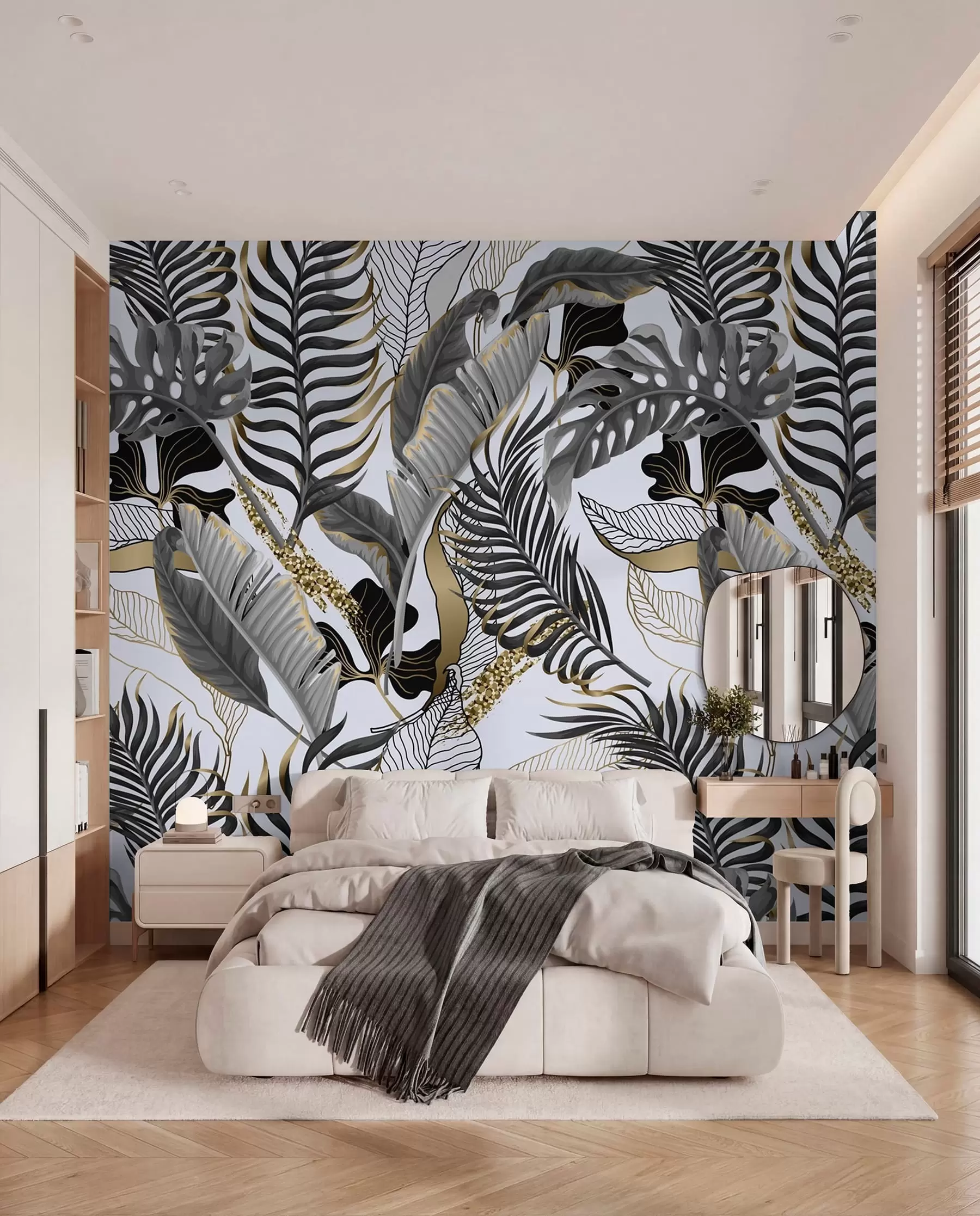 murales de pared Hojas tropicales grises sobre fondo blanco u71888