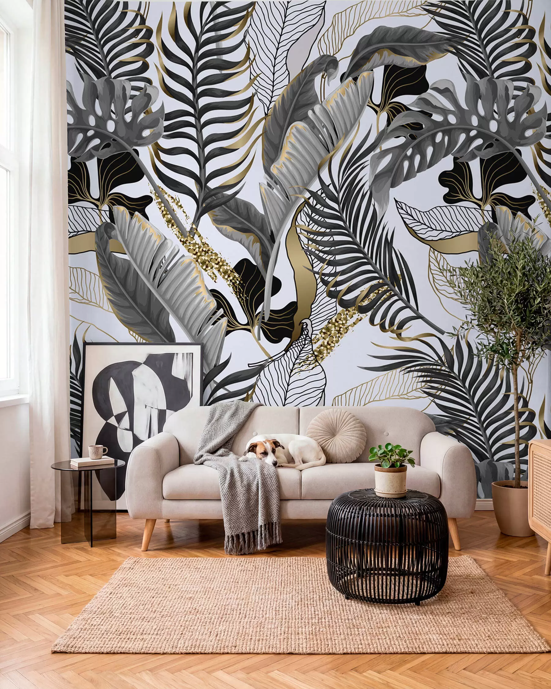 murales de pared Hojas tropicales grises sobre fondo blanco u71888
