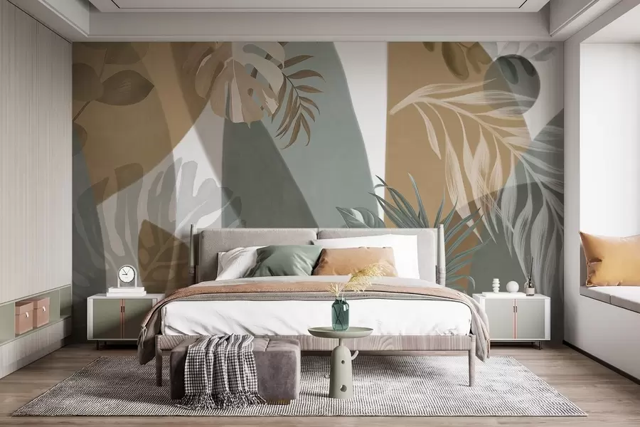 murales de pared Hojas de Monstera y hojas de palma en un patrón con colores marrón, blanco y verde, ambiente tropical, formas abstractas, decorativo w09288