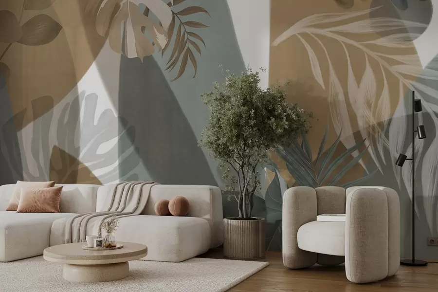 murales de pared Hojas de Monstera y hojas de palma en un patrón con colores marrón, blanco y verde, ambiente tropical, formas abstractas, decorativo w09288