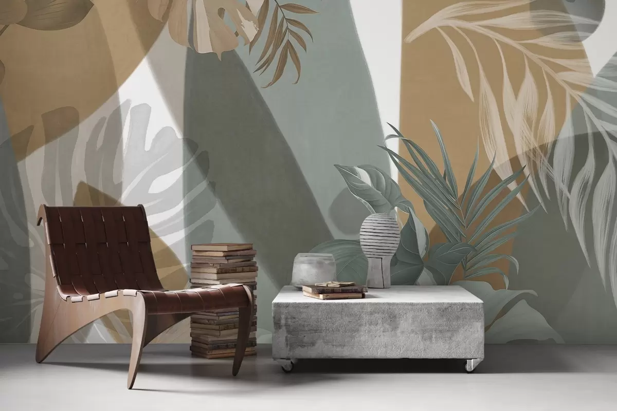 murales de pared Hojas de Monstera y hojas de palma en un patrón con colores marrón, blanco y verde, ambiente tropical, formas abstractas, decorativo w09288