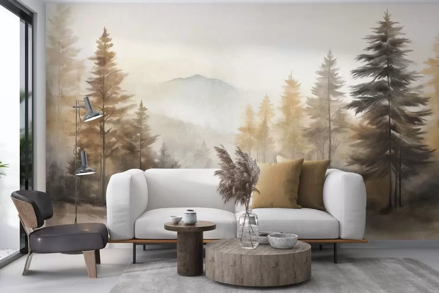 murales de pared Bosque otoñal texturizado con altos pinos y montañas al fondo, los colores son apagados y terrosos estilo pintura w09290