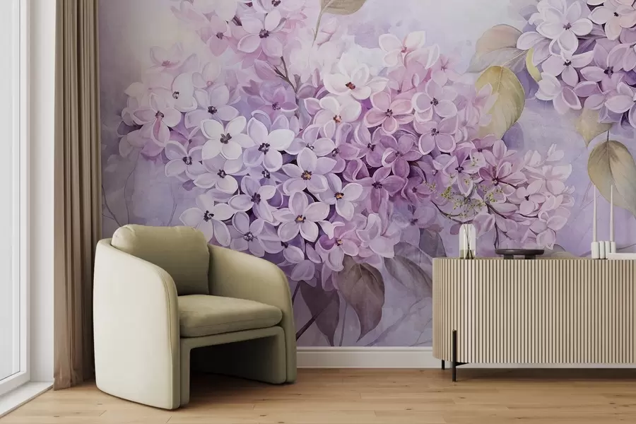 murales de pared Flores de textura lila con pétalos púrpura claro, hojas verde claro, estilo acuarela, colores suaves y pastel, pinceladas delicadas w09291