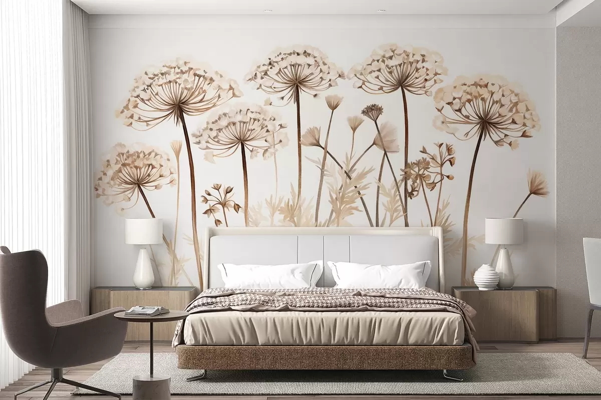 murales de pared Flores de Queen Anne's Lace en un campo, imitación de pintura texturizada, paleta de colores marrón, beige y blanco, ilustración botánica w09294