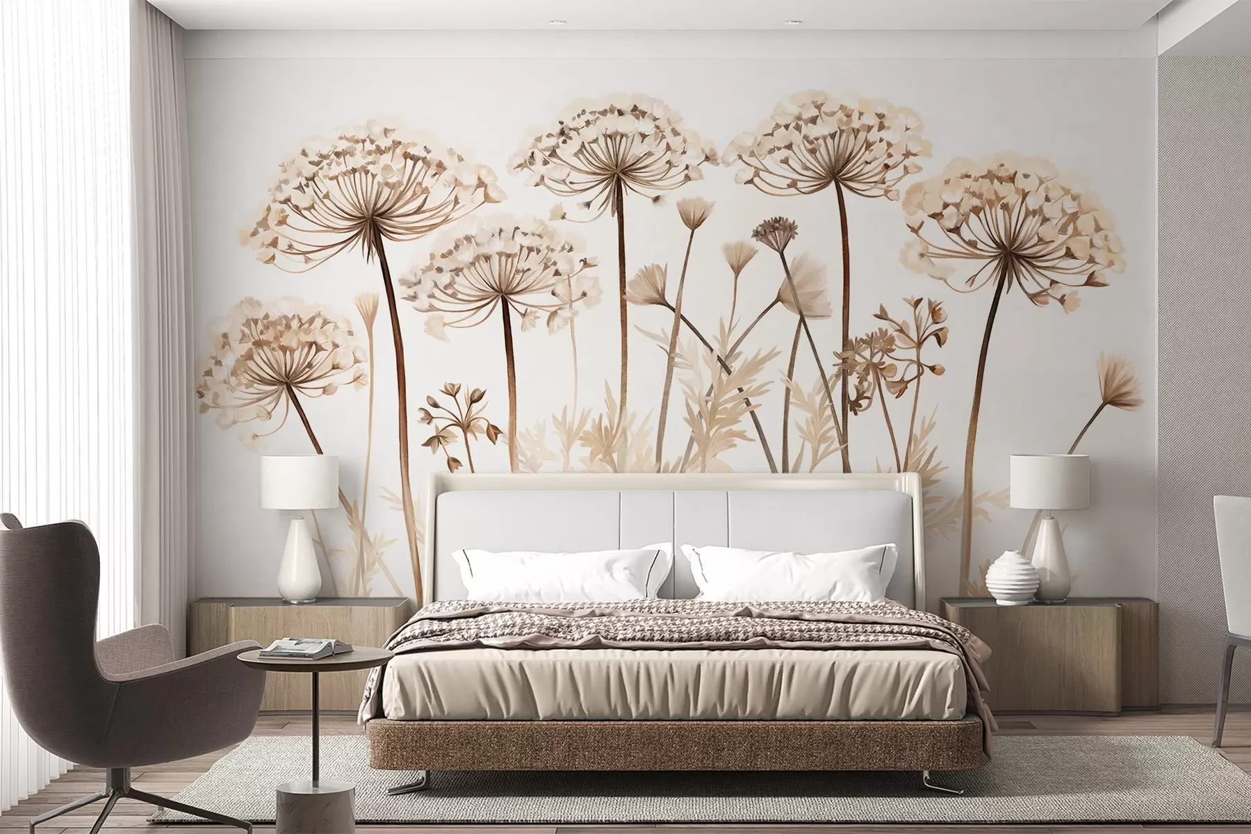 murales de pared Flores de Queen Anne's Lace en un campo, imitación de pintura texturizada, paleta de colores marrón, beige y blanco, ilustración botánica w09294