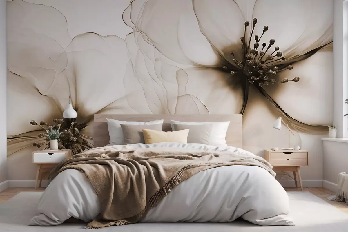 murales de pared Dos flores marrones de textura translúcida con estambres visibles, pétalos delicados superpuestos y una textura suave y fluida w09295