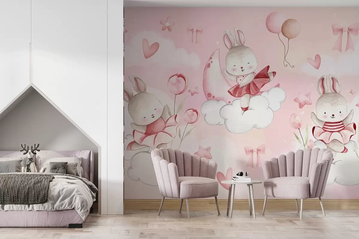 murales de pared Conejos con vestidos de ballet rosas sobre nubes w04333