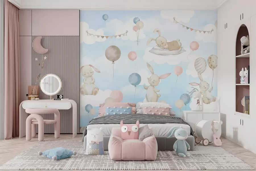 murales de pared Conejos con globos sobre nubes w04337