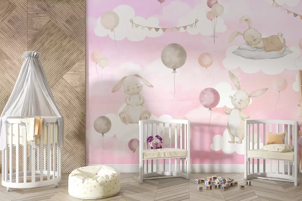 murales de pared Conejos con globos sobre nubes w04337v1
