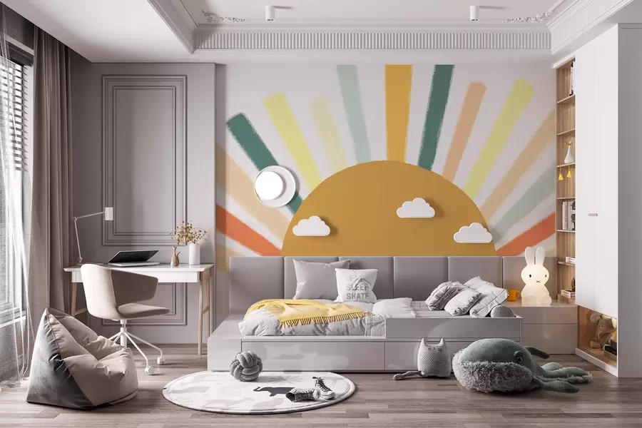 murales de pared Sol abstracto con rayos de colores w04352