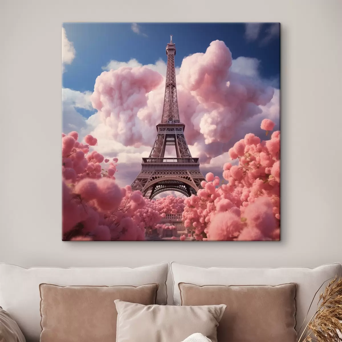 murales de pared Torre Eiffel en nubes rosas en estilo fantasía s45036