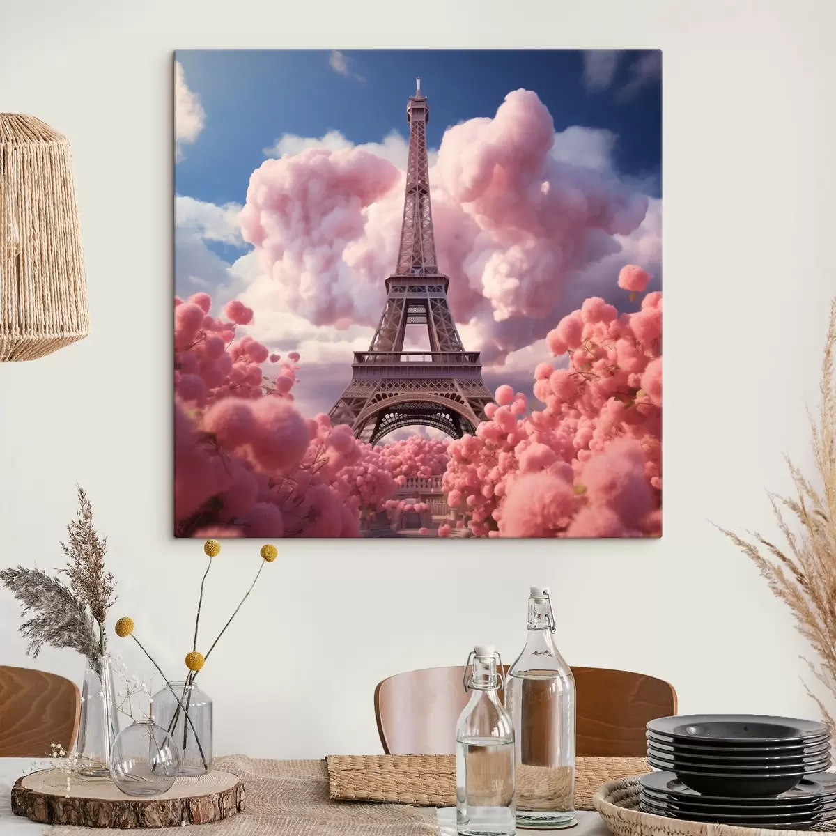murales de pared Torre Eiffel en nubes rosas en estilo fantasía s45036