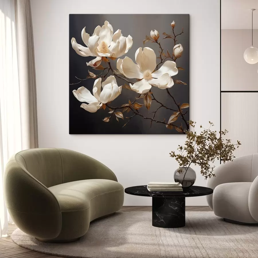 murales de pared Magnolias blancas sobre fondo oscuro en estilo pictórico s45038