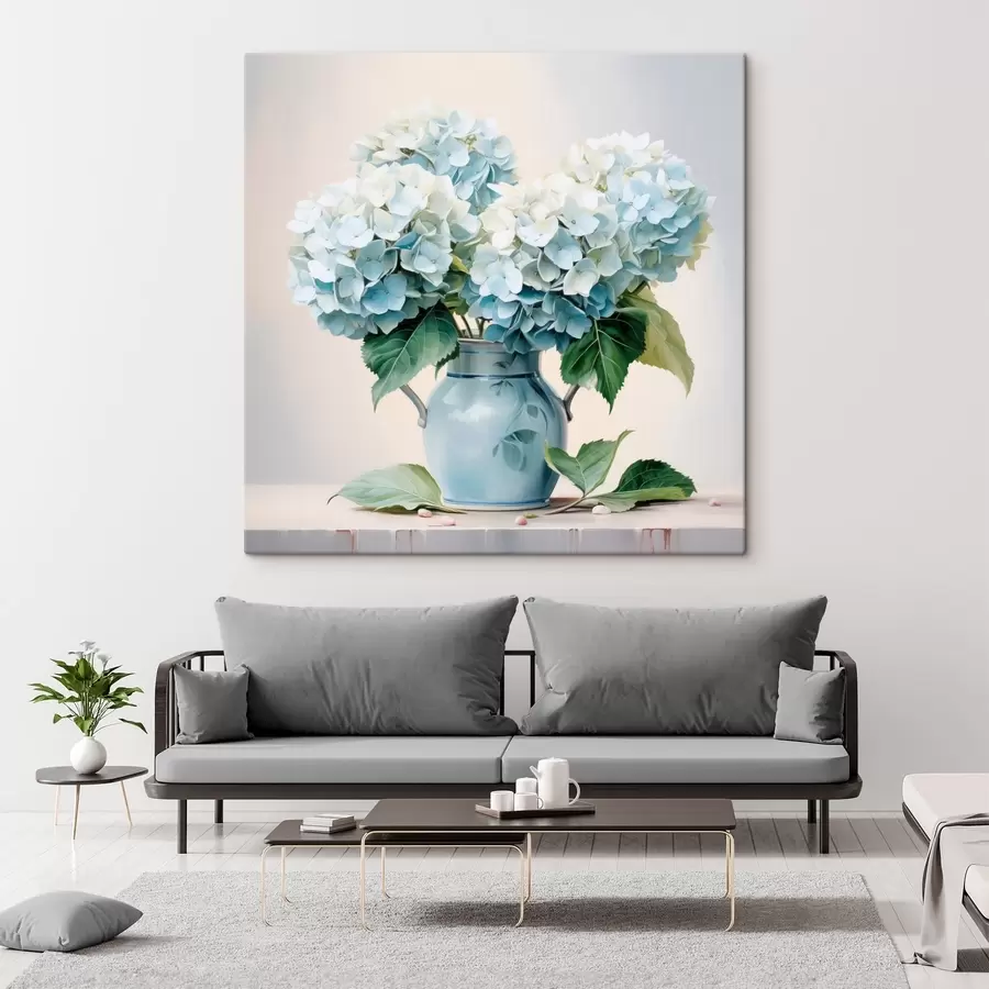 murales de pared Hortensias frescas en un jarrón azul sobre fondo claro s45043