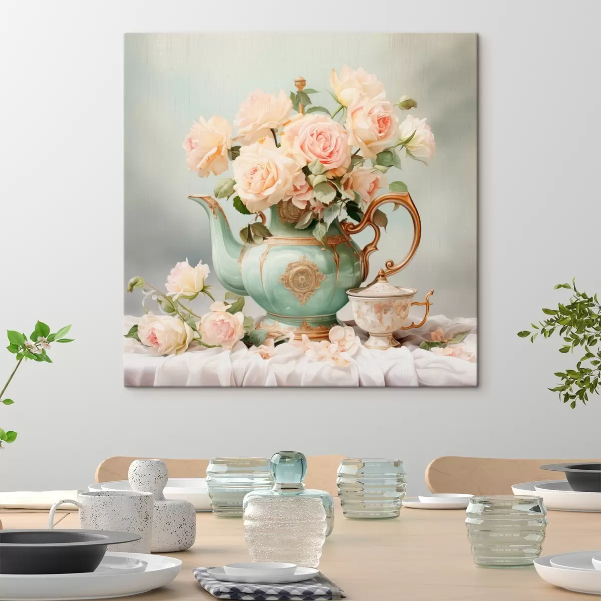 murales de pared Naturaleza muerta con delicadas rosas en un juego de té s45045