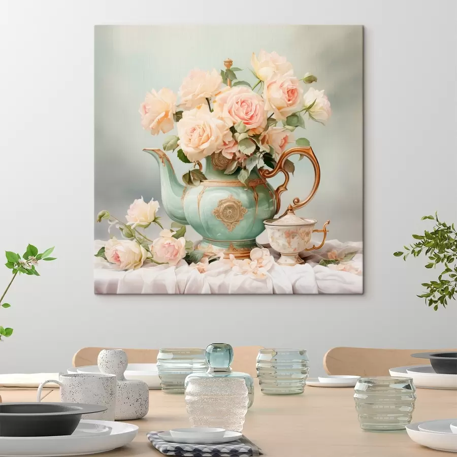 murales de pared Naturaleza muerta con delicadas rosas en un juego de té s45045