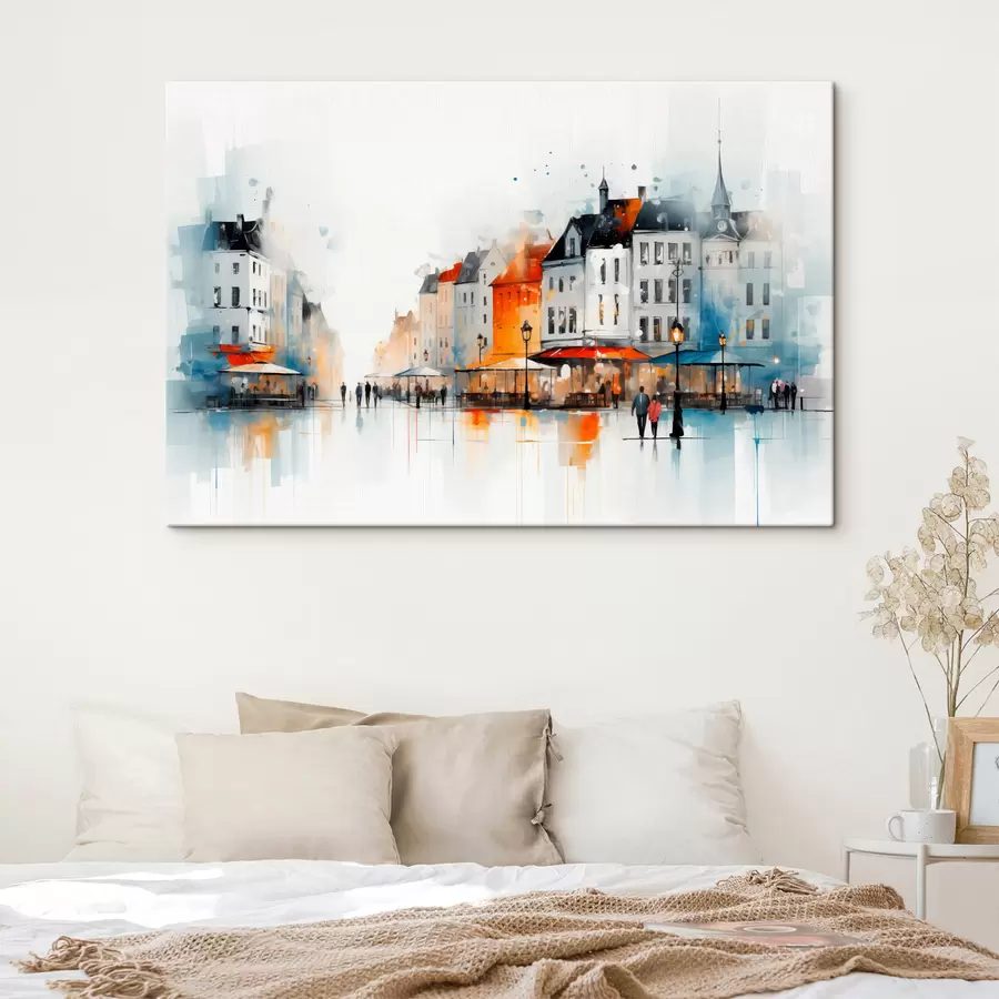 murales de pared Escena callejera con edificios y personas en estilo artístico s45050