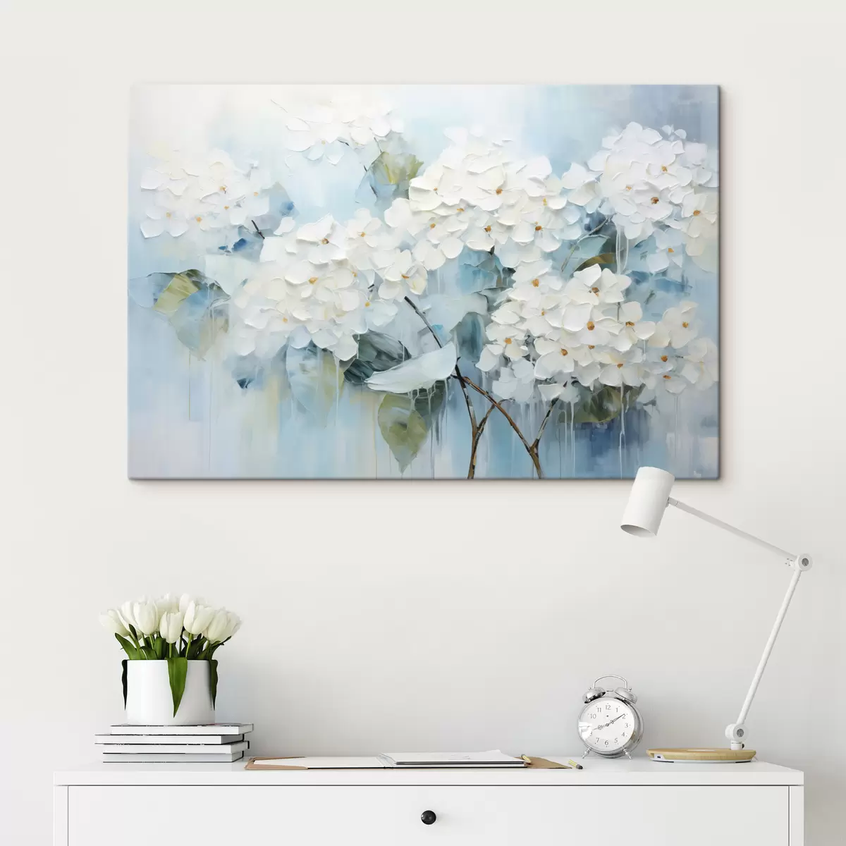 murales de pared Hortensias blancas en flor al óleo s45051