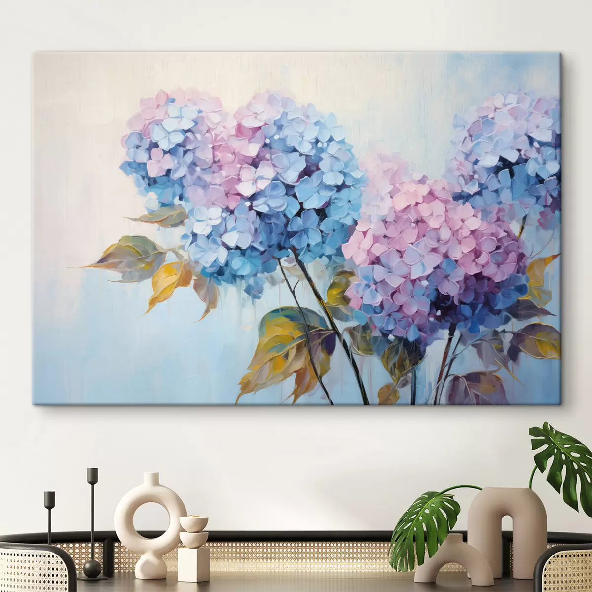 murales de pared Flores de hortensia abstractas en tonos suaves s45056