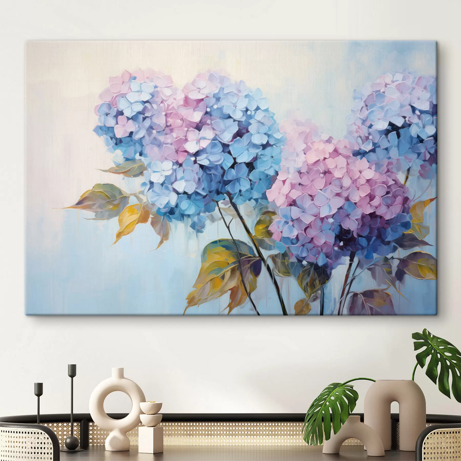 murales de pared Flores de hortensia abstractas en tonos suaves s45056