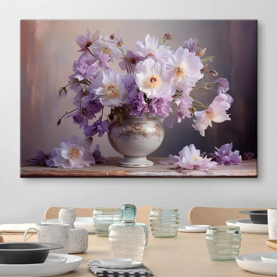murales de pared Naturaleza muerta floral: flores blancas y moradas en estilo artístico s45058