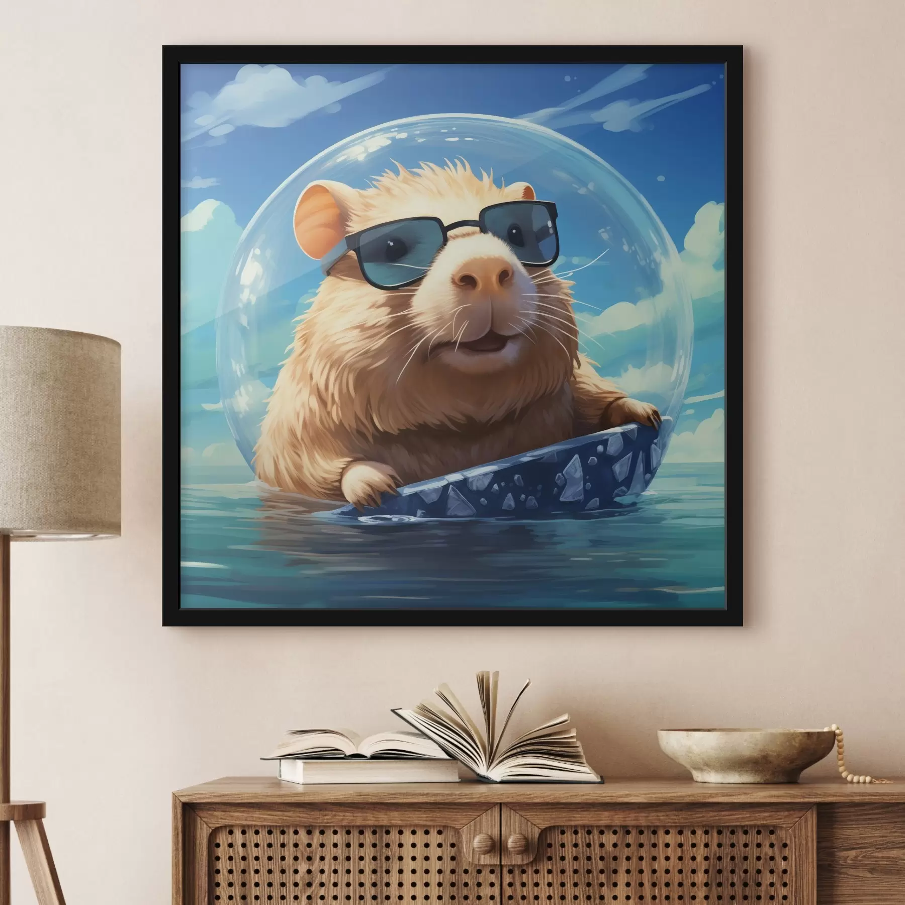 murales de pared Alegre carpincho en una burbuja transparente sobre el agua f45029