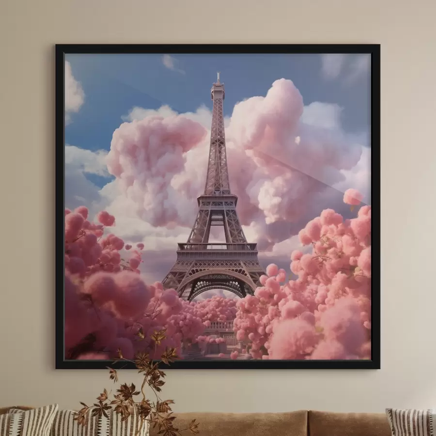 murales de pared Torre Eiffel en nubes rosas en estilo fantasía f45036