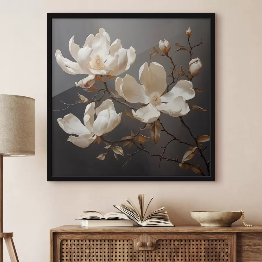 murales de pared Magnolias blancas sobre fondo oscuro en estilo pictórico f45038