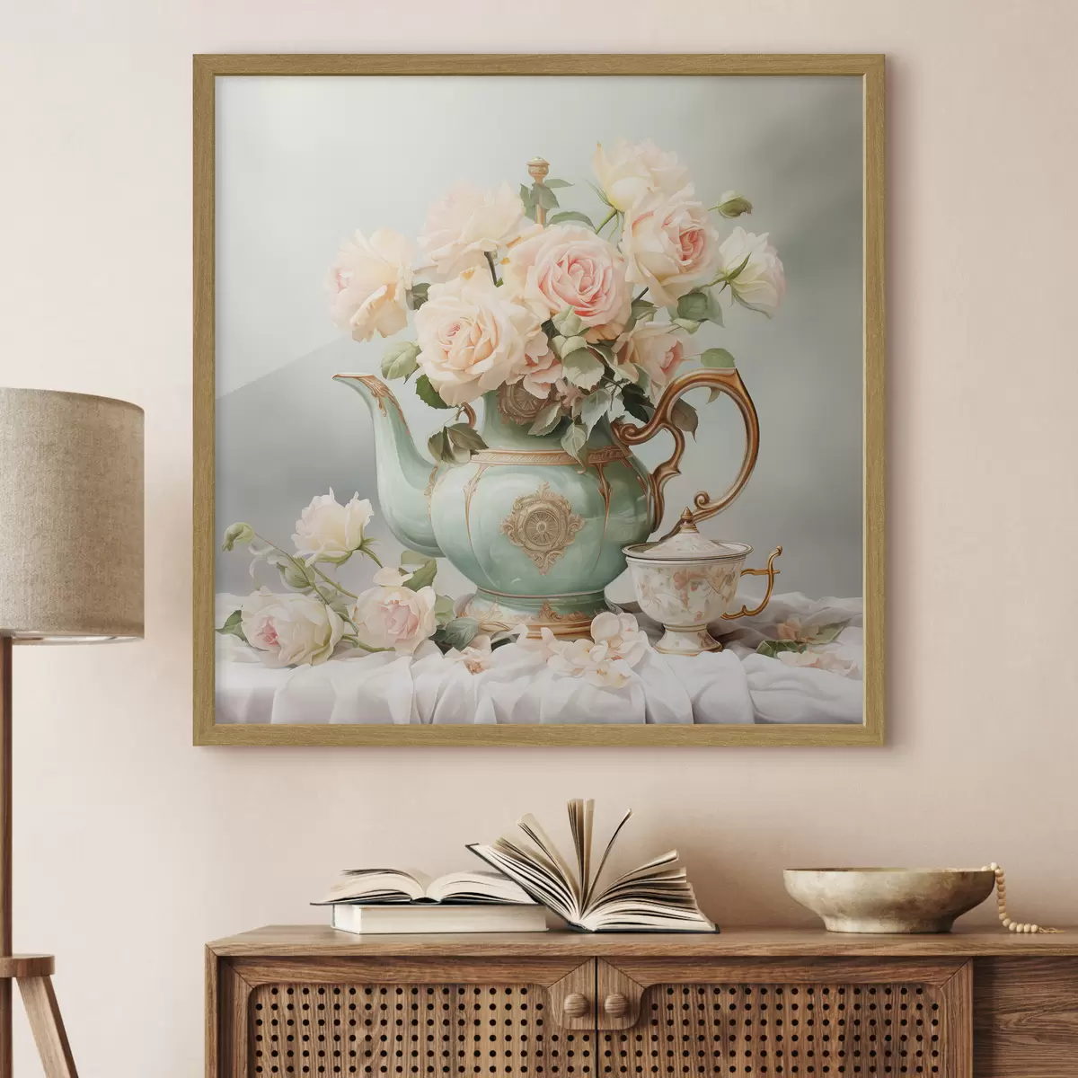 Poster Naturaleza muerta con delicadas rosas en un juego de té f45045
