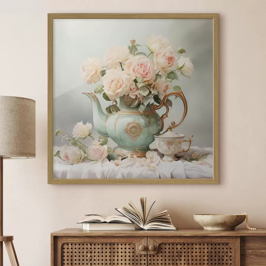 murales de pared Naturaleza muerta con delicadas rosas en un juego de té f45045