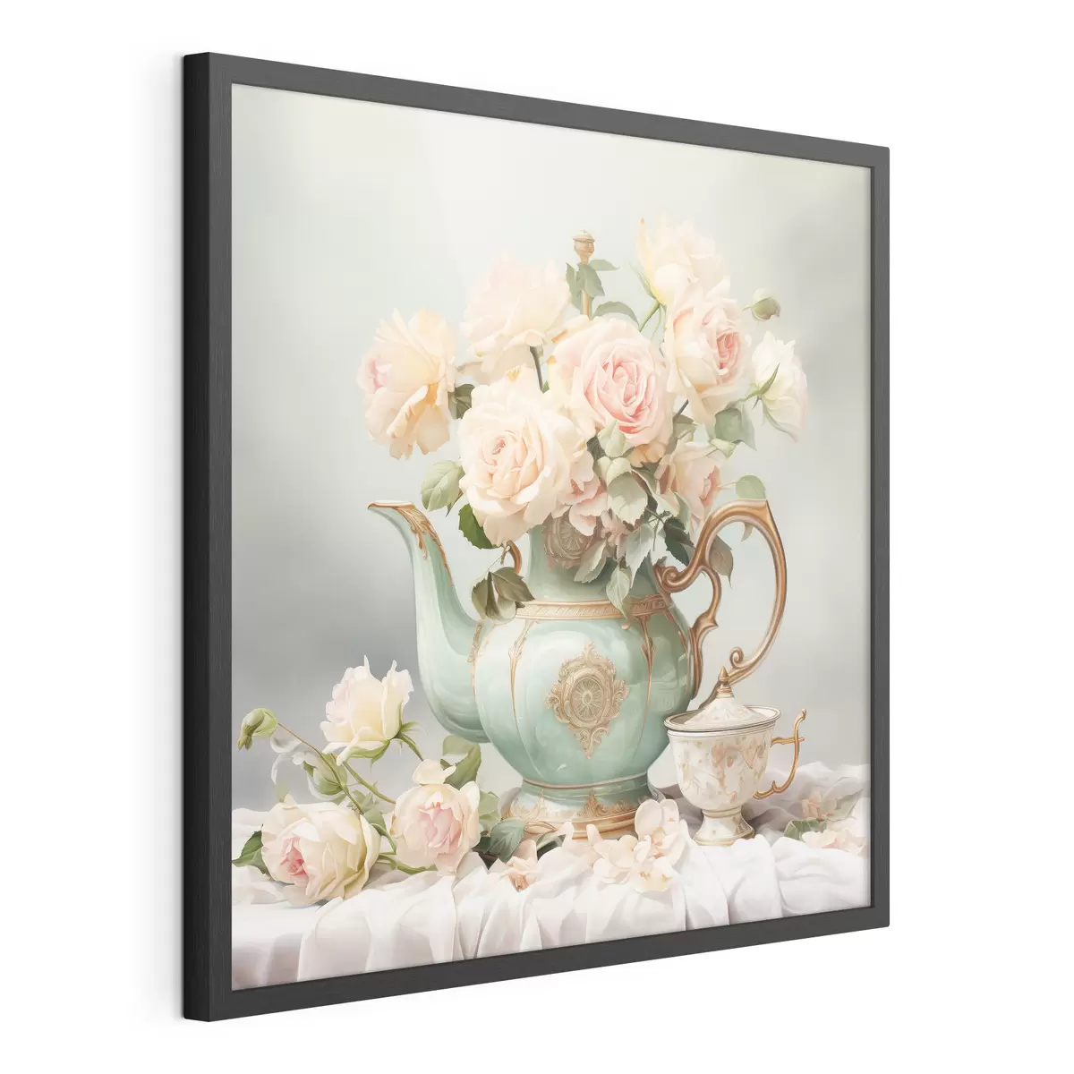 Poster Naturaleza muerta con delicadas rosas en un juego de té f45045